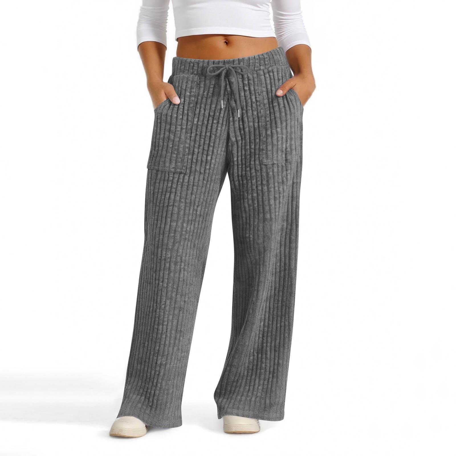 

Womens Casual Wide Leg Elastic Waist Ribbed Knit Loose Bottoms With Pockets Soft Pants L