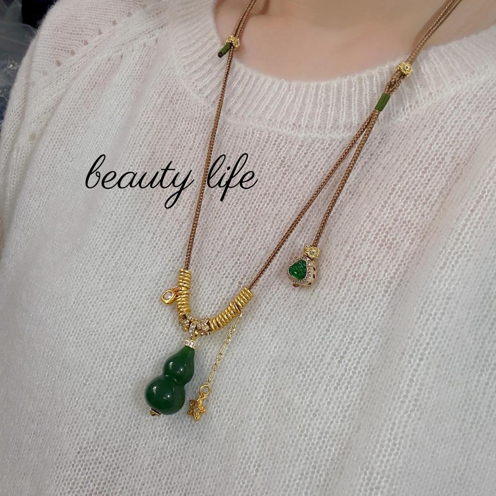 Chinese Retro Buddha Jade Gourd Tassel Necklace for Women