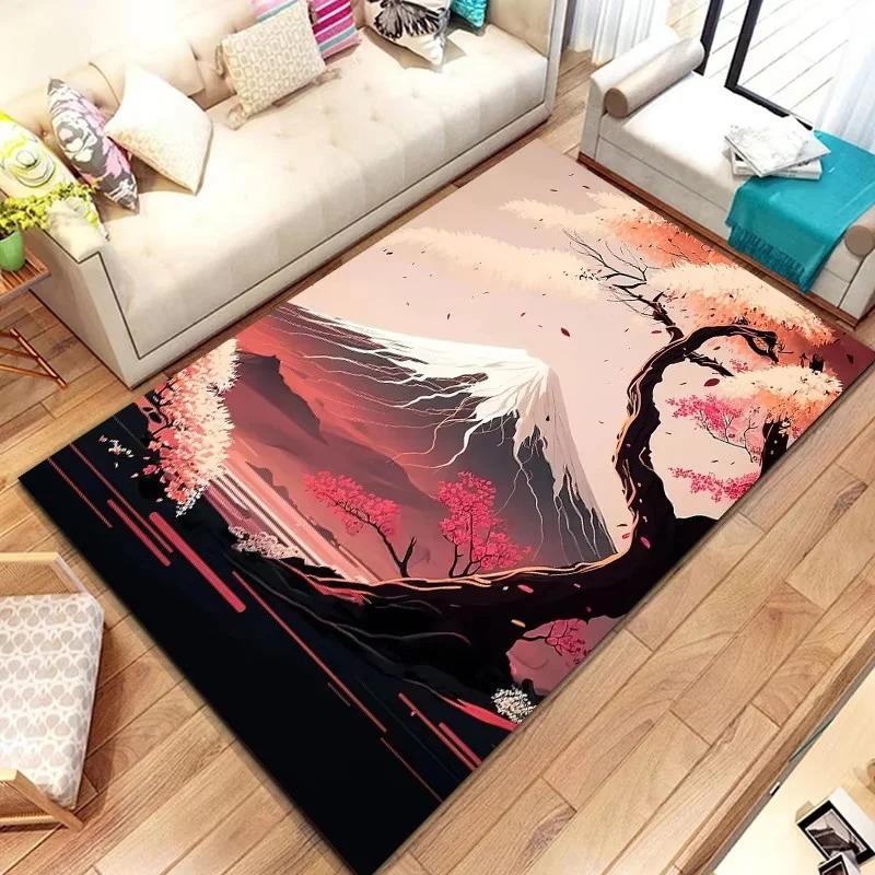 Japanese Landscape Print Rug with Cherry Blossom & Fuji Mountain for Bedroom and Sofa Entryway Decor