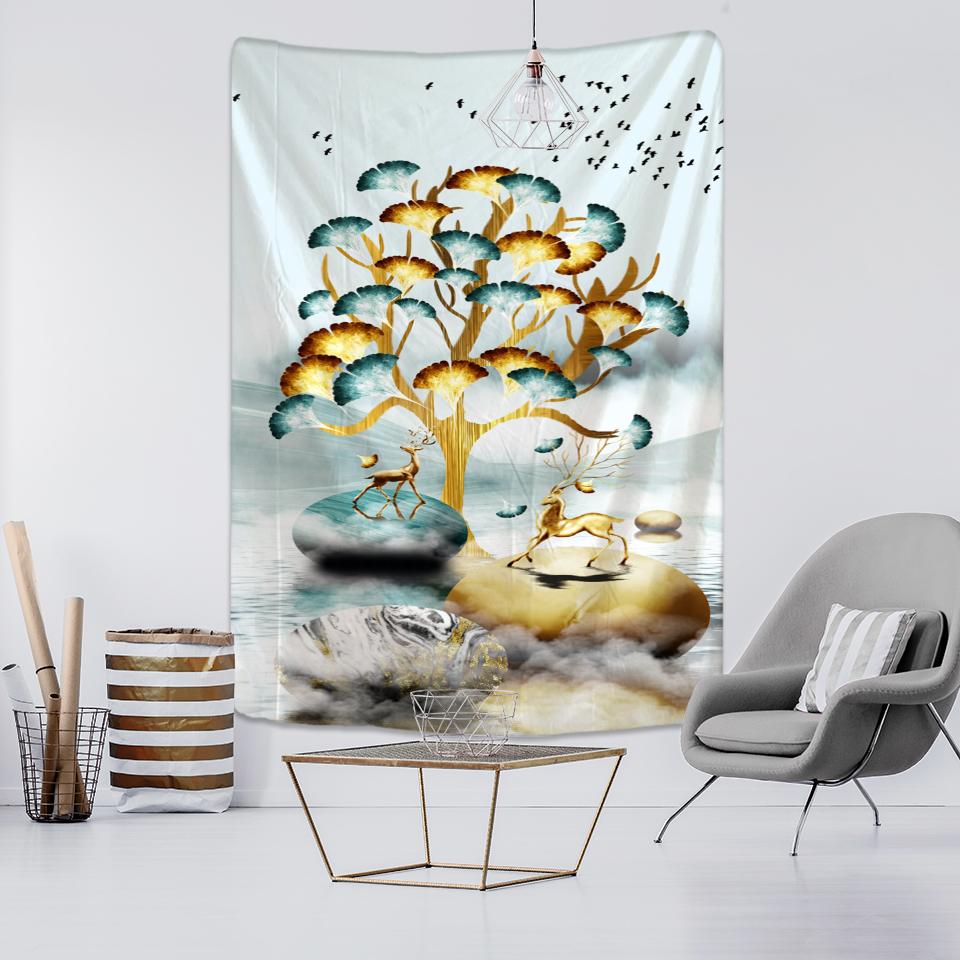 Tapiserie cu pene de păun agățat pe perete stil nordic boem, mister psihedelic, hippie, decor simplu pentru acasă