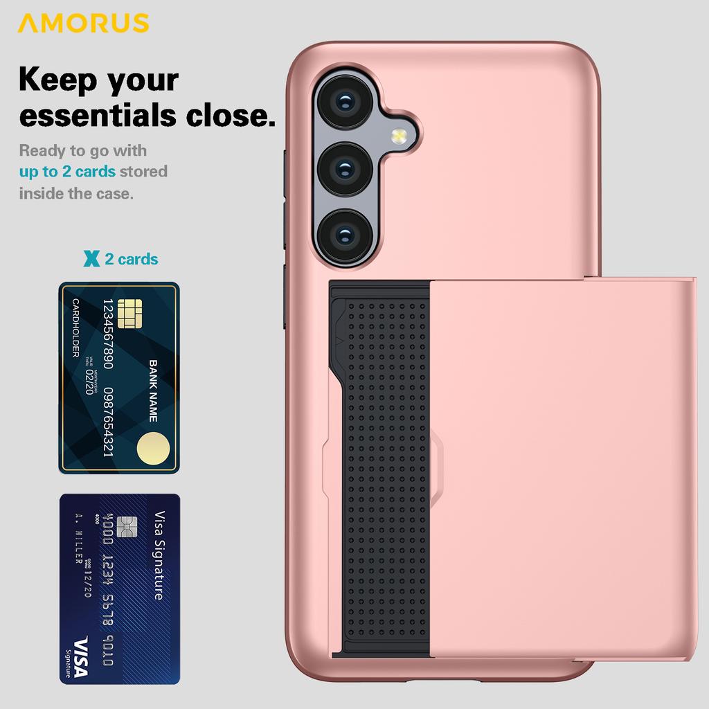 AMORUS For Samsung Galaxy S25 FE Case with Sliding Card Holder PC TPU Phone Back Cover