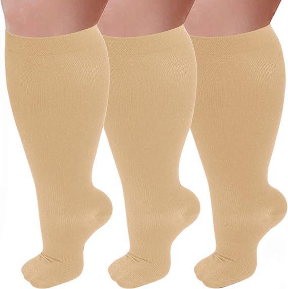 Three-Pair Pack Plus Size Knee-High Compression Socks for Wide Calf - Extra Large Support & Circulation Pressure Socks