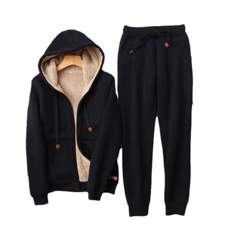Women's Winter Thickened Padded Comfortable Solid Color Leisure Simple Suit Long-sleeved Hooded Top + Pants Two-piece Set