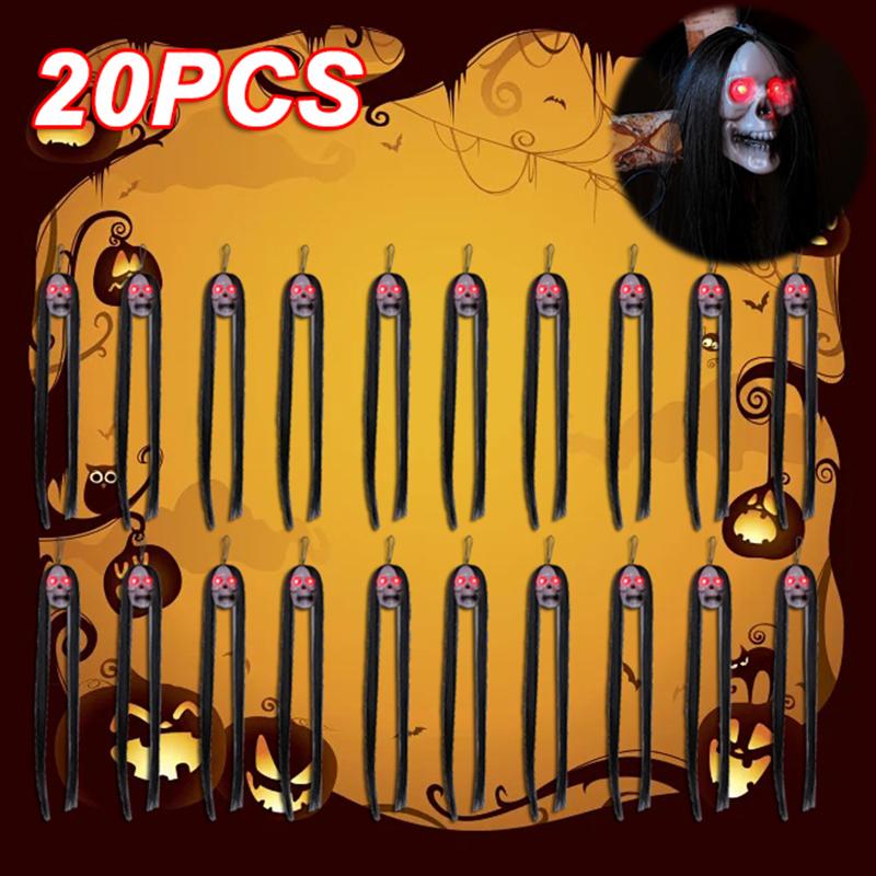 30PCS New Halloween Hanging Long Hair Ghost Skeleton LED Light-emitting Horror Skeleton Ghost Bar Haunted House Decoration Props