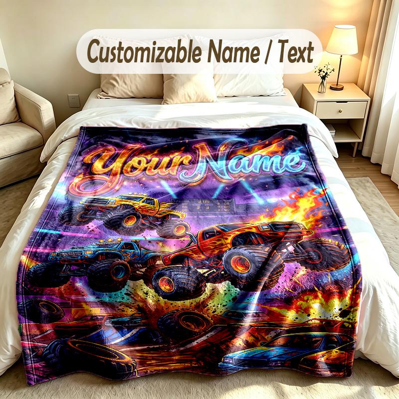 Coperta Personalizzata Tema Monster Truck Nome e Testo Personalizzati Morbida Calda Coperta da Divano Decorazione per la Casa