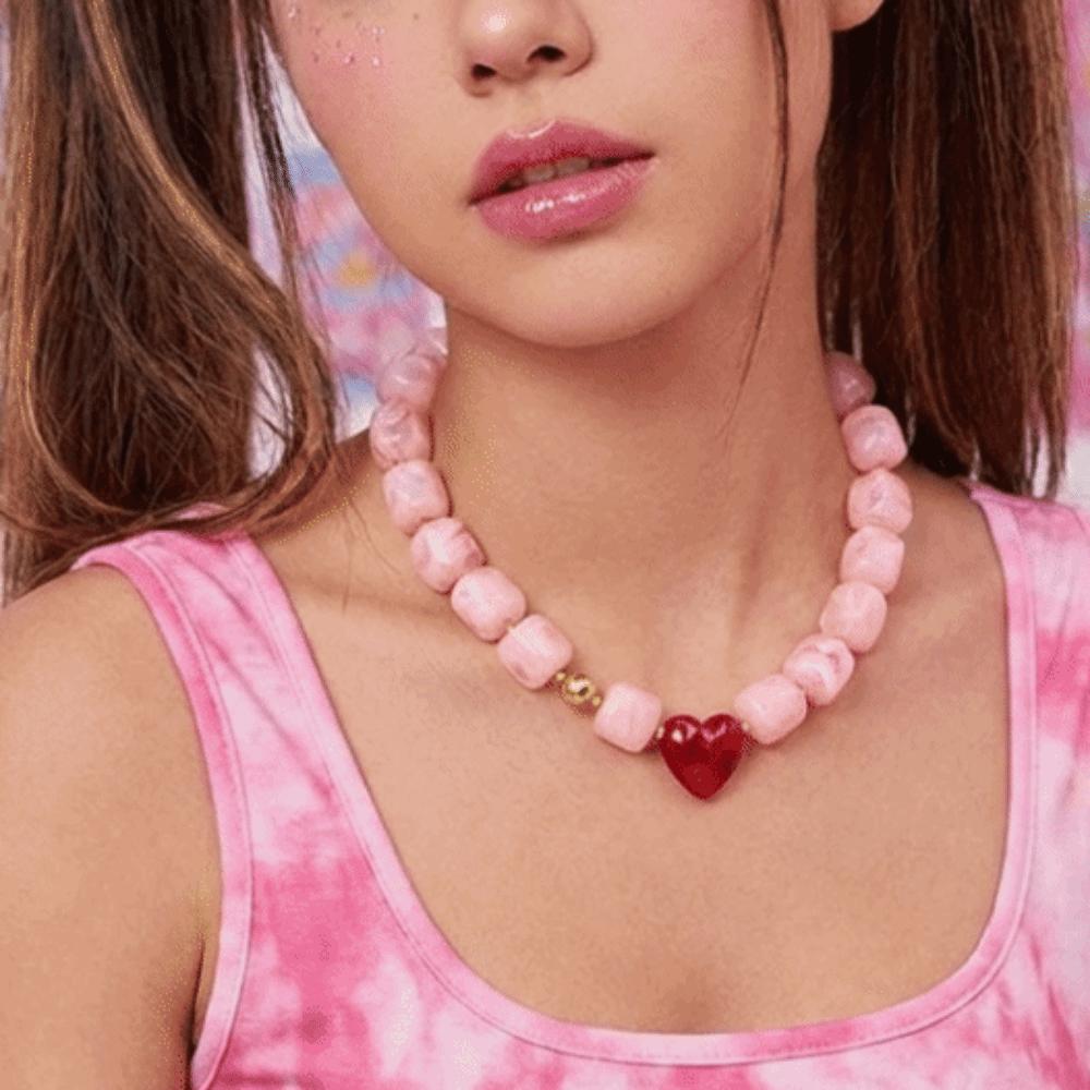 Colorful Heart Pendant Choker Square Candy Neck Chain Fashion Resin Beaded Necklace Date