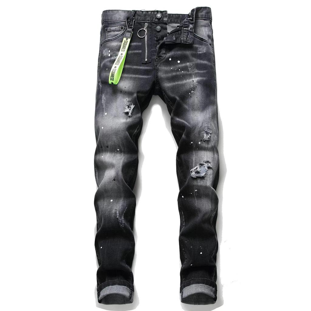 European Spring Trend: Men's Black & Gray Splatter Paint Ripped Skinny Jeans