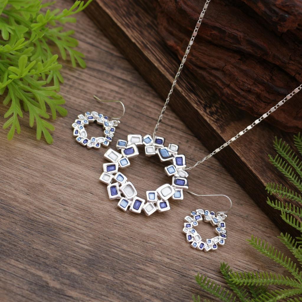 New Enamel Geometric Hollow Ring Earrings Pendant Set, Women's Versatile Exaggerated Geometric Necklace