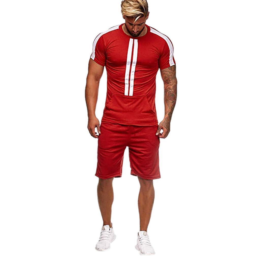 Mens Summer Leisure Stripe Color Collision Short Sleeve Shorts Sports Thin Sets