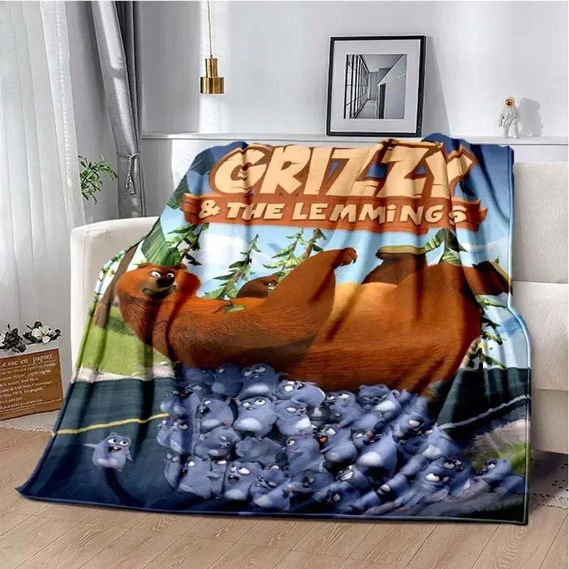 Cute Cartoon Anime Grizzly & The Lemmings Throws Blanket for Beding Hiking Picnic Super Soft Funny Flannel Blanket Birthday Gift