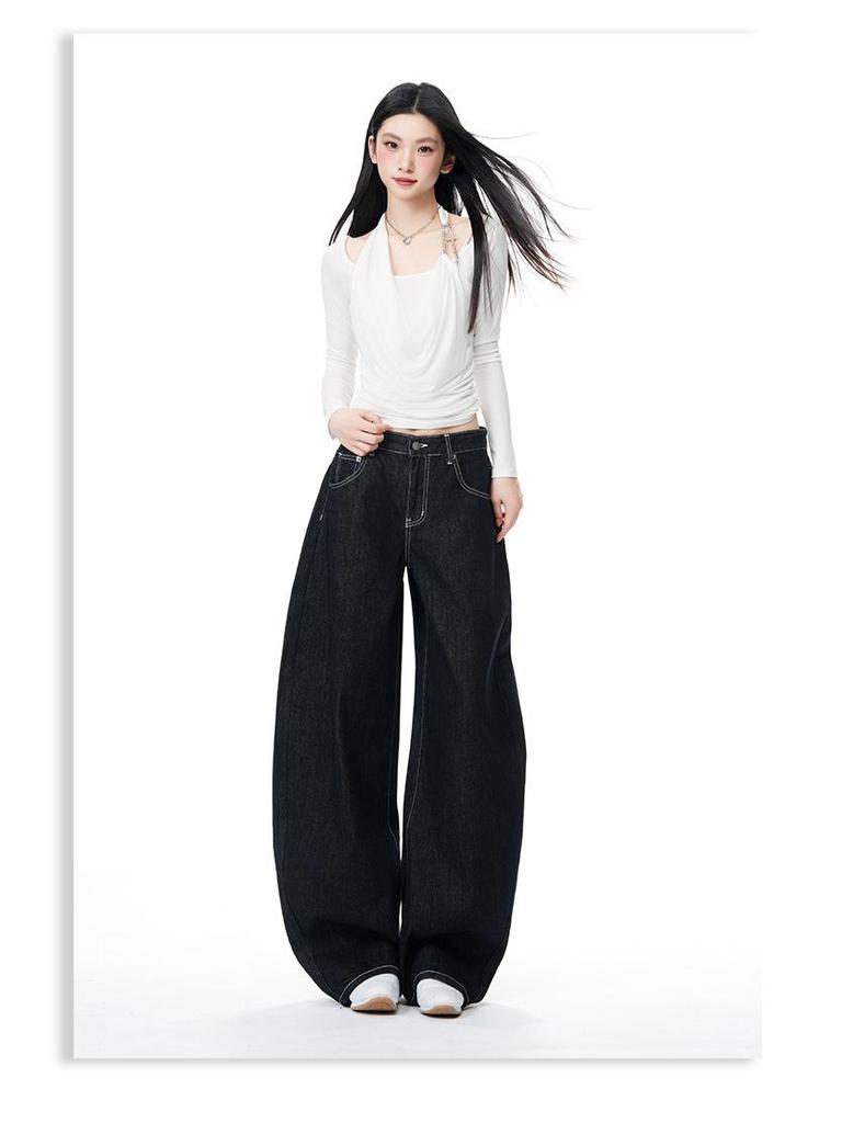 Women's Non-Sticky Wide-Leg Jeans: Spring Loose, Curved Style, Slim-Fit Pants