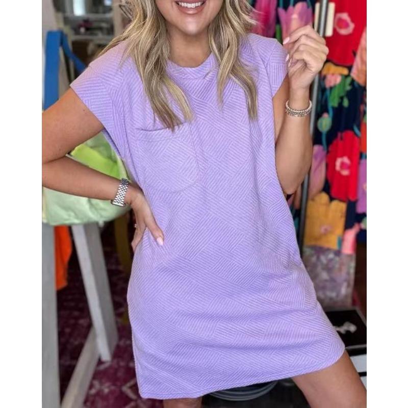 YYFS Moda damska Lato Wiosna Jednolity kolor Drukuj Krótki rękaw O-Neck Luźna talia Casual Sukienki