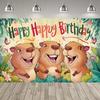Lindo Fondo Temático de Fiesta de Capibara y Conejo de las Indias, Pancarta con Estampado de Pastel y Globos de Colores para Decoración de Fiesta Infantil