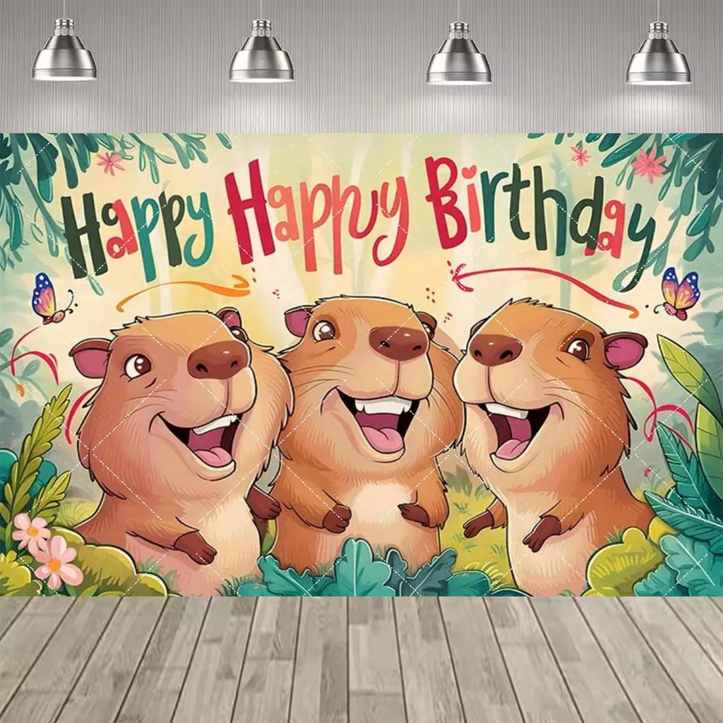 Lindo Fondo Temático de Fiesta de Capibara y Conejo de las Indias, Pancarta con Estampado de Pastel y Globos de Colores para Decoración de Fiesta Infantil