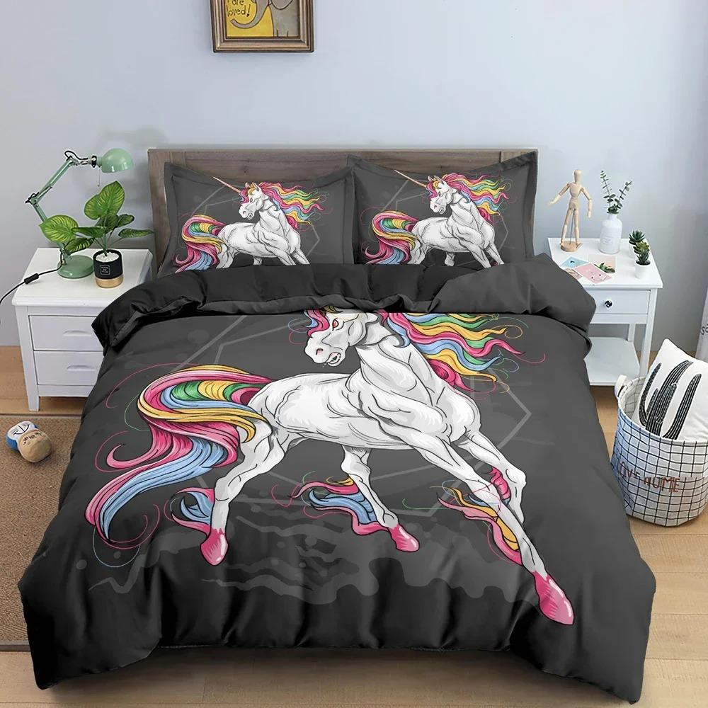 Cartoon Animal Unicorn Bedding Set Bedclothes Kid's Bedroom Duvet Cover Set Pillowcase King Queen Twin Size Home Texture