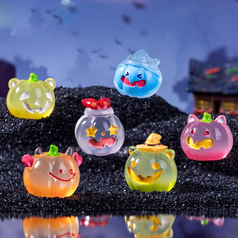 Set of 6 Safe Nontoxic Resins Halloween Pumpkin Figurine Decorations Glowing in Dark Nighttimes Miniature Ornaments