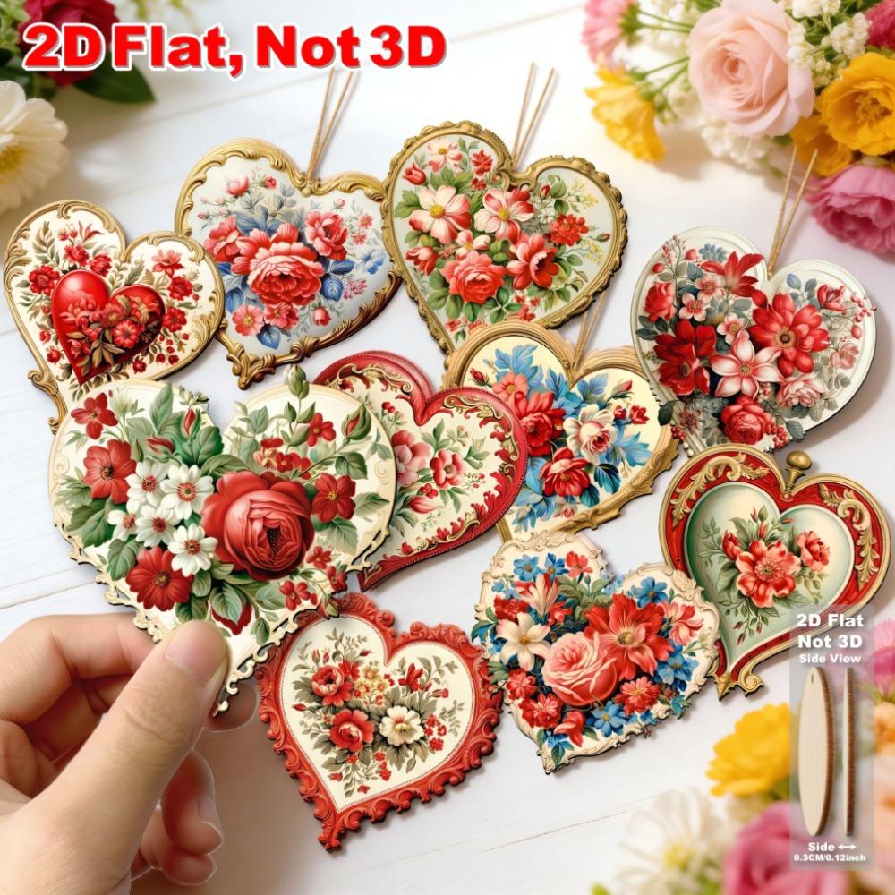12Pcs/set Valentine s Day Retro Flower Love 2D Wooden Pendant Decoration Valentine s Day Birthday Party Decoration