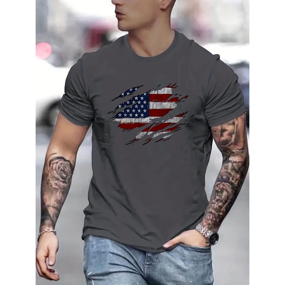 American Flag Pattern Print Men Cotton Summer Casual Loose Size Trendy Round Neck Short Sleeve T-shirt Top