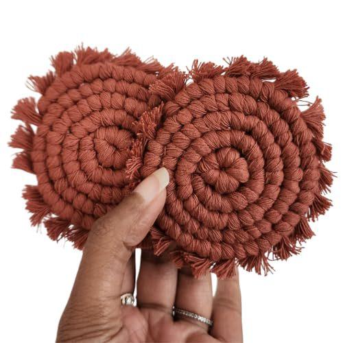 

Set of 2 Round Woven Cotton Coasters with Braided Design and Fringe Edges Durable Absorbent Drink Mats for Home and Office Use One Size