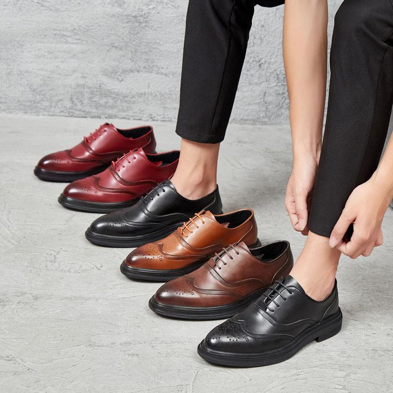 Mu Huisen Autumn Korean Version Pointed Business Men's Shoes British Block Engraved Casual Lace-up Work Shoes ZY4019
