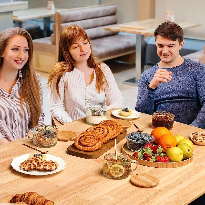Vintage-Kaffeetassen, Overnight-Oats-Behälter mit Löffeln, klare, geprägte Glasbecher, ideal für Cappuccino, Tee, Latte, Küchenutensilien