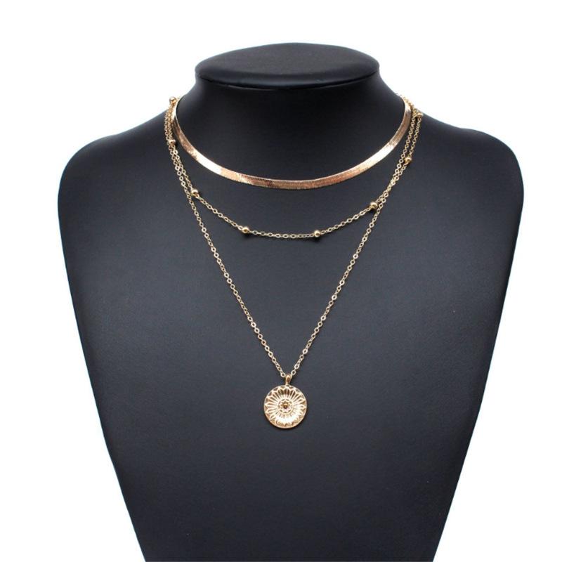 Fashion Flat Snake Chain With Three Layer Coin Disc Pendant Necklace For Women  Accessories