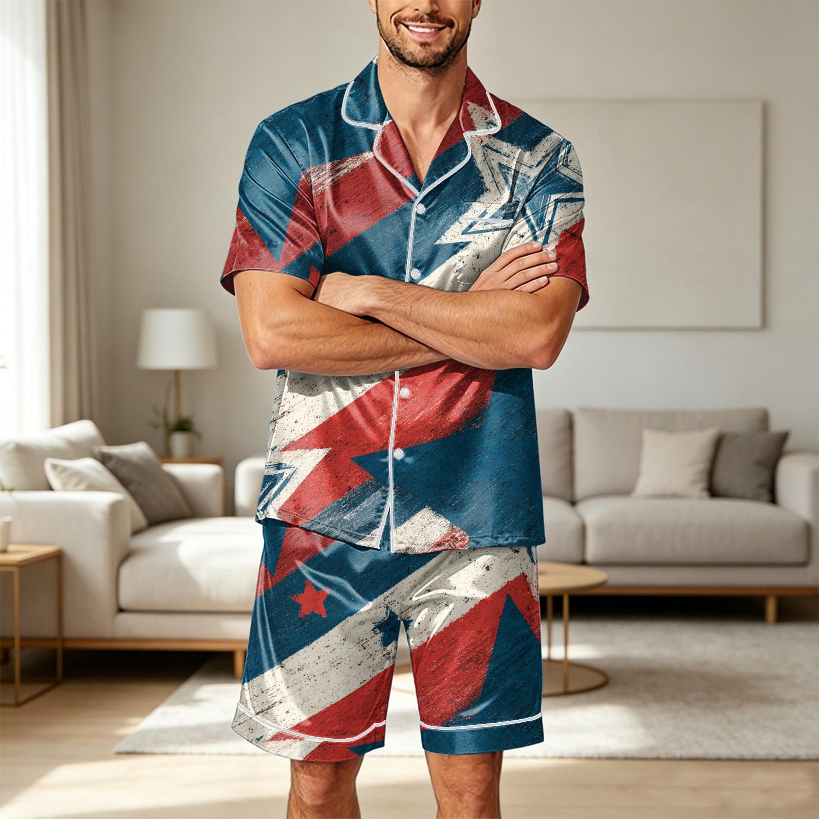 

Men Satin Short Sleeve Pajama Set Two Piece Lounge Shirt and Shorts Set with Pockets Soft Lightweight Sleepwear for Home Relaxation L синий