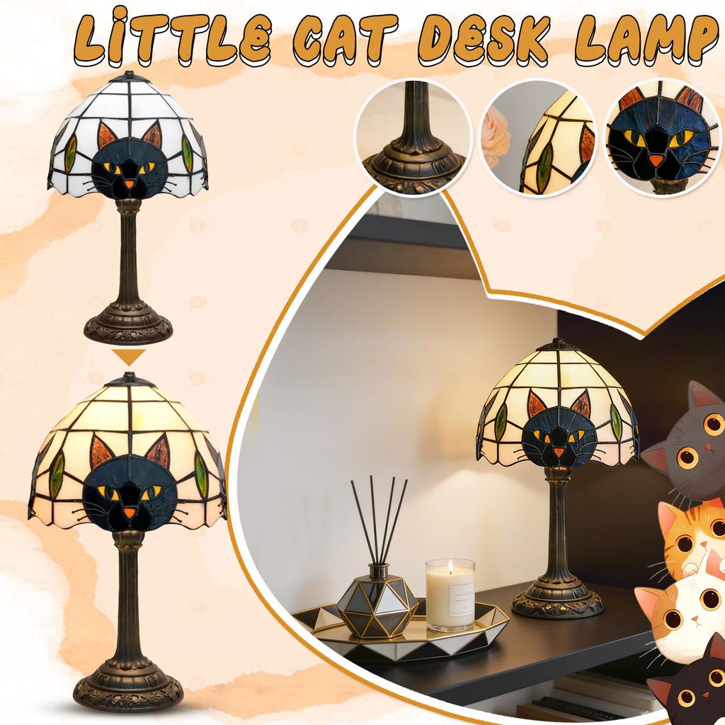 Resin Cat Table Lamp with Stained Glass Style Shade Vintage Decorative Lighting Fixture for Living Room Bedroom Office Study