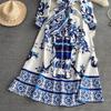 Autumn Holiday Red Blue And White Porcelain Maxi Dress Women Long Sleeve Single Breasted Lace Up Belt Flower Print Robe
