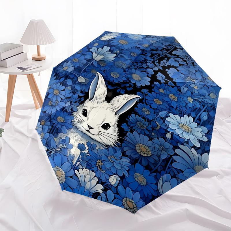 1pc Rabbit Blue flowersOpen/Close Umbrella-Windproof, Compact Travel Umbrella, Sturdy 8-Rib Shaft, Outdoor Accessory, 1053