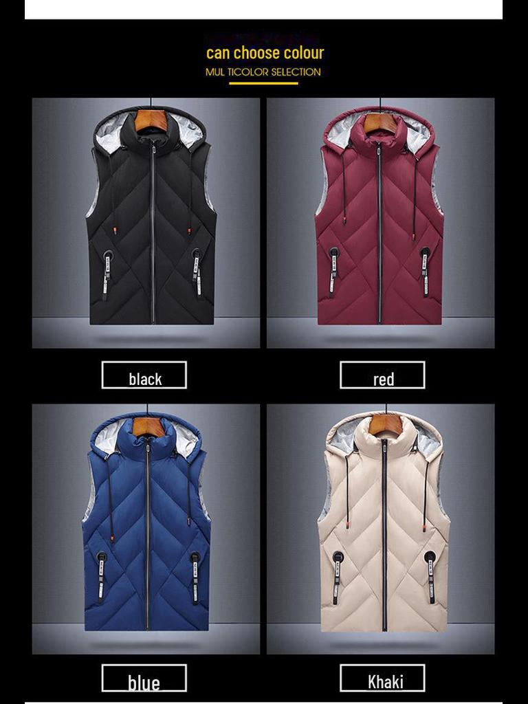 Men's Large Hooded Slim Fit Down Cotton Vest - Youth Trend Waistcoat