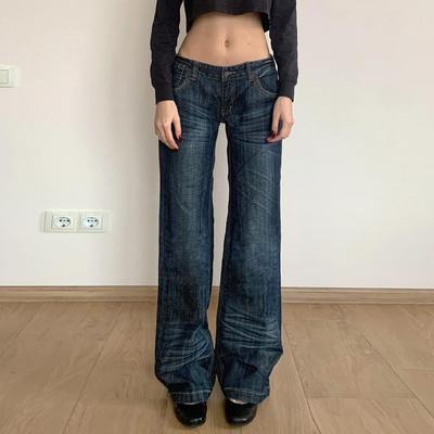 Jeans Rectos de Tiro Bajo Retro Desgastados con Lavado Bigotes de Gato