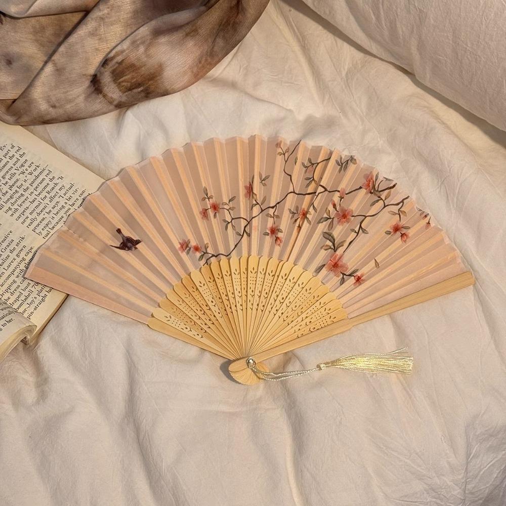 Portable Vintage Style Chinese Japanese Folding Fan Plastic Colorful Shank Classical Dance Fan Crafts Folding Photo Props Gifts