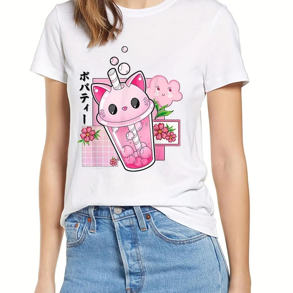 Boba Tea Cat Bubble Print T-Shirt, Kawaii Crew Neck Short Sleeve T-Shirt For Spring & Summer, WoUnisex Clothing Unisex