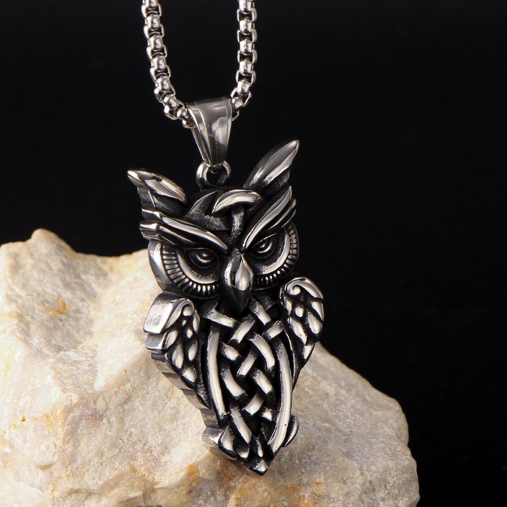 Men's Retro Owl Pendant Necklace with Distressed Woven Pattern and Stainless Steel Chain