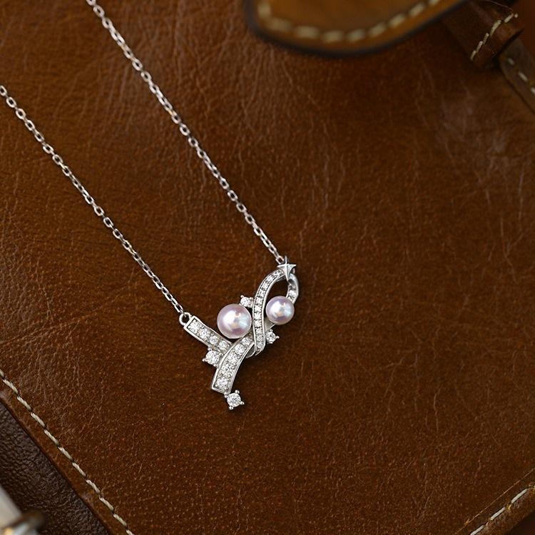 S925 Sterling Silver Bow Knot Zircon Pearl Pendant Collarbone Necklace White Gold