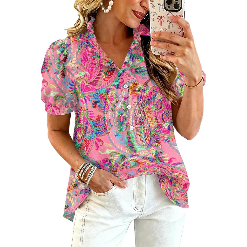 Women's Fashion Casual Ruffle V-Neck Print Blouse for Summer