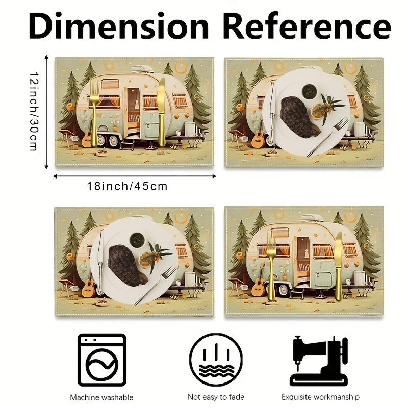 Из 4, Набор подставок под тарелки в деревенском кемпинговом дизайне, Прямоугольные льняные подставки под тарелки 12x18 дюймов, Уютный дизайн тележки для пикника, Подставки под тарелки для любого сезона 12x18in