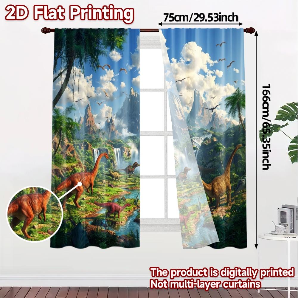 2pcs, 2D FLAT PRINTING Curtains (Without Rod) Dinosaur Valley(2) Creative Chic Curtains Versatile Durable Polyester Curtains