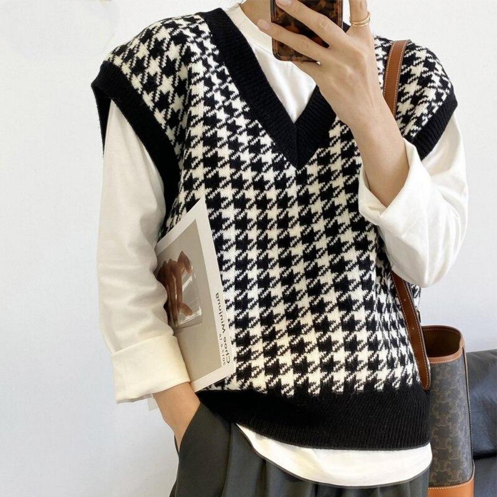 Loose Knitted Vest Sweater Women Sleeveless Thick Vintage Sweater Vest Female Waistcoat Chic Tops  Houndstooth Women Clothing