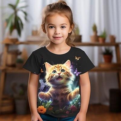 3D-Katzen-T-Shirt für Mädchen, rosa, kurzärmelig, 3D-Druck, Sommer, aktiv, modisch, niedlich, Polyester, Kinder 3–12 Jahre, Rundhalsausschnitt, Outdoor, Freizeit