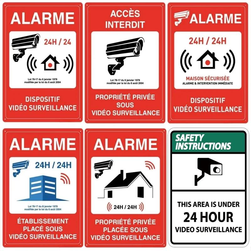 Hisun Tin Sign HD Tin Sign Bilingual Security Warning Wall Decor Retro French English Video Surveillance Metal Poster for Business Home