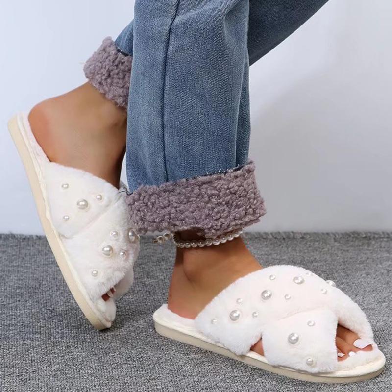 Fashion Pearls Detor Plush Slippers for Women Fashion Cross Strap House Furry Slippers Woman Slip On Faux Fur Cotton Slides Mujer