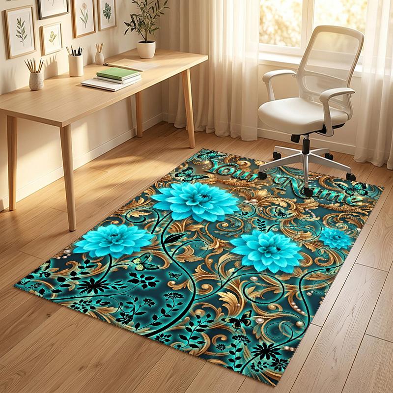 Floral Garden Theme Crystal Velvet Rug Personalized Custom Name Text Soft Floor Mat Home Decor