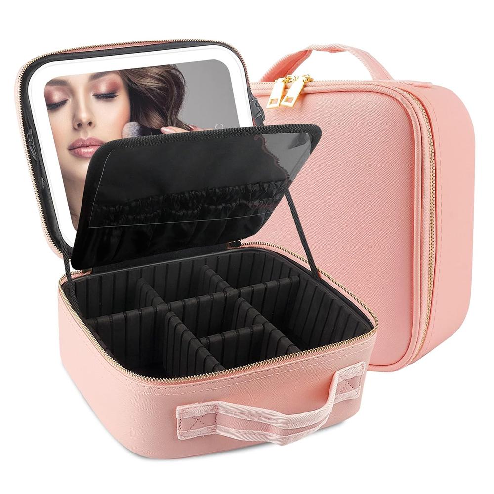 

Makeup Bag with LED Mirror Travel Large Train Case Cosmetic Organizer Make Up Bags with 3 Color Lights and Adjustable Dividers розовый