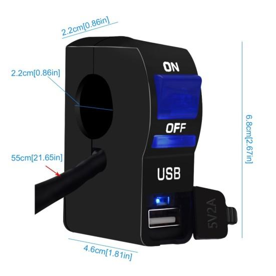 DC 12V LED indicador motocicleta manillar montaje USB cargador de teléfono con interruptor