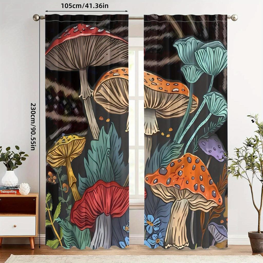 2pcs Vintage Mushroom Print Blackout Curtains - Whimsical Forest Design, Dark Background with Colorful Mushrooms & Flowers