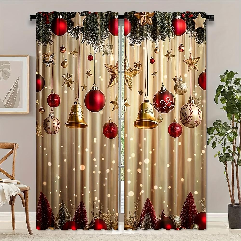Set Of 2 Festive Christmas Curtains Cheerful Print Polyester Living Room Office Bedroom Decor Curtain For Sitting Made With Rod Pocket Machine