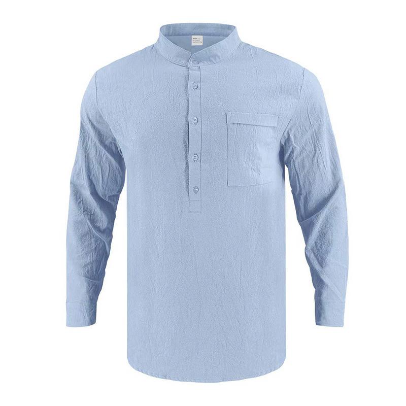 Linen T-Shirt Men Henley Neck Pocket Casual Beach Long Sleeve Solid Color Male Tops Vintage Streetwear TShirts