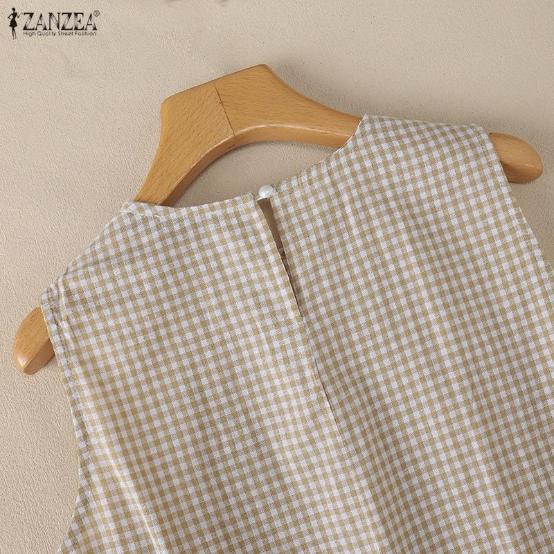 ZANZEA Women Plaid Print Casual Round Neck Sleeveless Dress